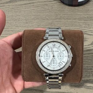 Michael Kors Silver Chronograph Watch with Crystal Bezel